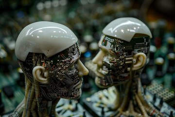 Poster - Closeup of two robot heads with intricate circuit designs, set against a blurred backdrop of electronic components