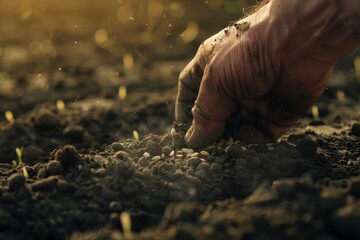 Hand planting seeds in soil. Macro shot of gardening and farming concept.