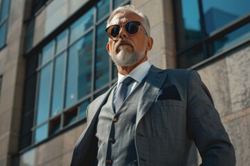 Poster - Stylish elderly executive with sunglasses posing confidently in front of office buildings