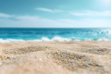 Wall Mural - Closeup of sandy beach with turquoise sea and sky background.