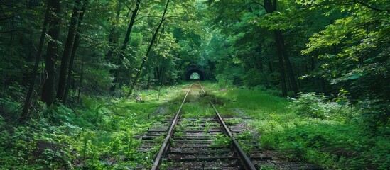 Poster - Railroad Tracks Leading Through a Tunnel in a Lush Forest