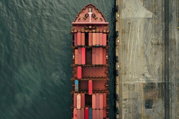 Sticker - Topdown shot of a large container ship loaded with colorful containers, docked at a busy port