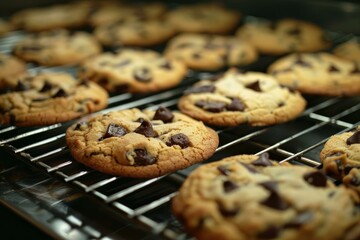 Sticker - Closeup of warm, homemade chocolate chip cookies cooling on a baking rack