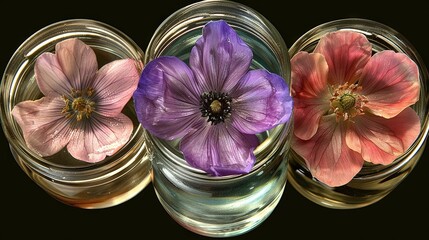 Poster -   Three jars with colored flowers on black background; pink & purple