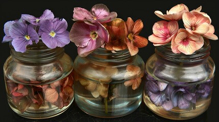 Poster -   Three glass jars brimming with water and vibrant purple and pink blossoms rest atop a black surface