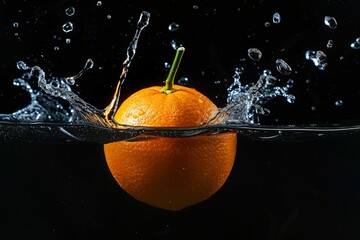 Fresh Ambersweet Orange falling into the water with a splash on a black background