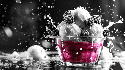 Sticker -   A black-and-white image of berries in a glass bowl, with water splashing out of the top, optimized