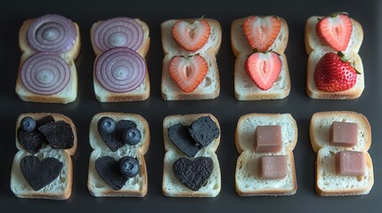 Sticker -   A close-up of several miniature sandwiches with colorful fruits piled on top, and chocolate centers visible