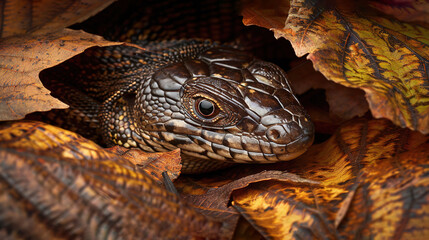 Wall Mural -   A snake's head emerges from a pile of brown and yellow leaves on a leaf-covered floor, captured in a close-up photograph