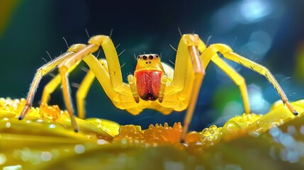 Wall Mural -   Yellow and red spider on yellow flower with water droplets on back legs