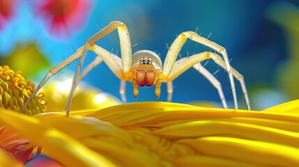Wall Mural -   A zoomed-in image of a yellow spider perched atop a yellow blossom, surrounded by a cerulean sky and a sunny yellow flower in the foreground