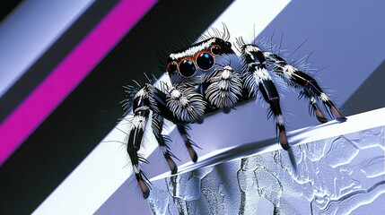 Wall Mural -   A close-up shot of a spider perched on a wall with a vibrant purple-black stripe in the background and a monochrome black-white stripe behind it