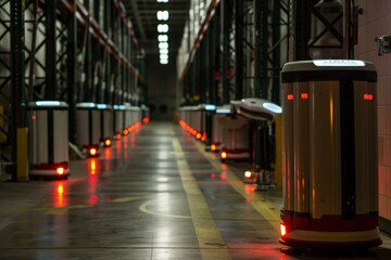 Poster - Autonomous robots navigating the corridor of a hightech warehouse at night with glowing lights