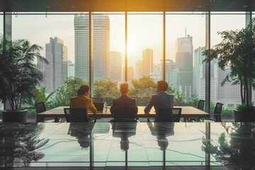 Poster - discussing partnership, diverse business partners meeting on serious conversation, talking at large table in modern office space with large urban window,