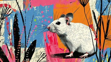 Poster -   Rat atop wood, surrounded by greenery against a vibrant backdrop