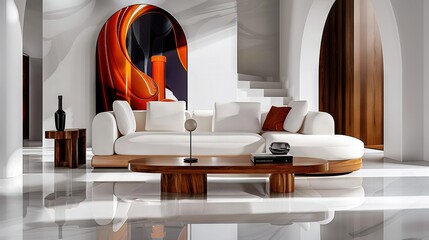 Wall Mural -   A spacious living room boasts a grand painting hanging on its wall, while two comfortable white couches face each other along with a sleek coffee table