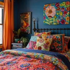 Poster - AI generated illustration of a vibrant and colorful bedroom interior with floral bedding