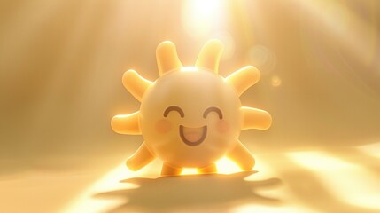 Poster -   A yellow toy with a grin faces the bright background as golden rays illuminate from behind