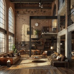 Poster - AI generated illustration of a modern industrial loft interior with large windows