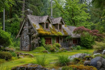 Poster - Charming stone cottage nestled in a serene woodland setting, surrounded by vibrant flora