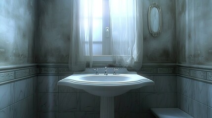 Wall Mural -   A white sink sits under a window in the bathroom, alongside a white toilet