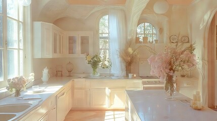 Poster -   A vase brimming with blossoms resting atop a kitchen counter adjacent to a faucet and stove oven