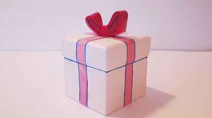 Sticker -   A white box adorned with a red ribbon and bow sits on a white surface