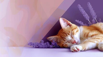 Canvas Print -   An orange and white cat is dozing off on a purple-pink wall with a purple and white plant nearby