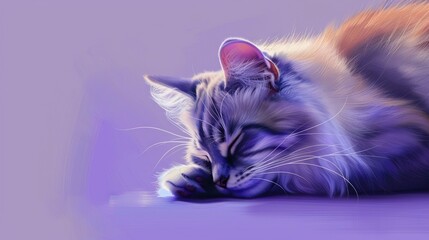 Poster -   A close-up of a feline lying prone on the floor, its head resting on its paw, eyes shut