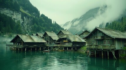 Wall Mural -   A line of wooden homes rest atop a lake beside a verdant green forest, with a foggy peak rising behind them