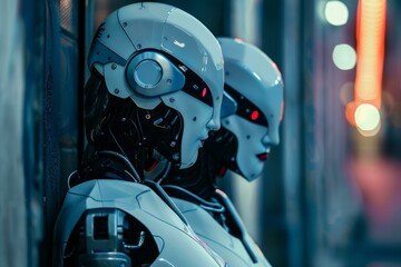 Poster - Ai robots with humanoid features illuminated by neon in a scifi setting