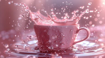 Poster -   A pink coffee mug with a splash of water centered against a pink backdrop