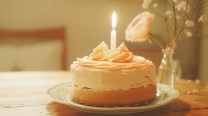 Sticker -   A close-up photo of a birthday cake placed on a plate and lit by a candle in its center