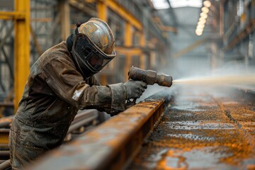 Poster - Worker in protective gear using tools in an industrial factory setting.