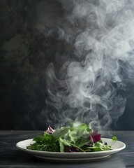 Sticker -   A white plate holds a green leafy salad and broccoli, surrounded by various greens