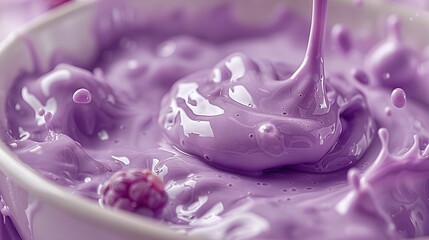 Poster -   A bowl brimming with lavender-hued liquid and a spoon protruding from its peak, along with a raspberry nestled centrally within