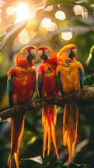 Wall Mural - Tropical birds sitting on a tree branch in the rainforest. Colorful scarlet macaw parrots.