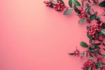 Wall Mural - elegant corner arrangement of red berries with green leaves on a pastel pink backdrop