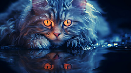 Canvas Print - Cat with Glowing Eyes in Water