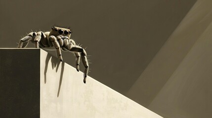 Wall Mural -   A spider perched on a wall with its legs dangling down