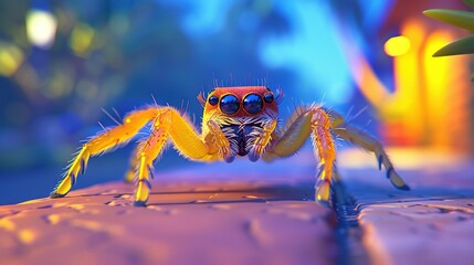 Sticker -   A focused image of a spider perched on wood, surrounded by out-of-focus foliage and a distant building