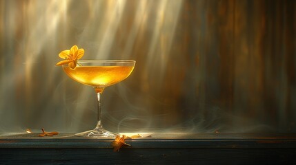 Wall Mural -   A close-up of a drink in a glass on a table with a flower on the rim