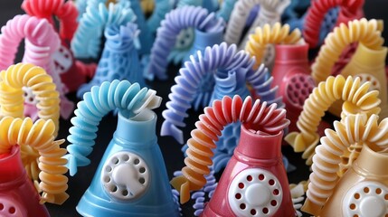 Sticker -   A colorful group of toy phones rests atop other toys, arranged together