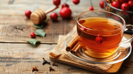 Sticker - Viburnum tea with cinnamon and honey on wooden table Close up with space Selective focus