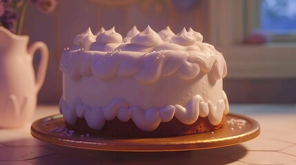 Poster -   Close-up shot of a cake on a plate on a table, with a vase of flowers in the background and a window visible through it