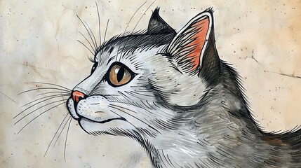 Poster -   A sketch of a feline's visage adorned with brown orbs and a monochrome head bearing orange irises