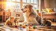 © kansak01 - Adorable fluffy dog and curious kittens playing together in a cozy living room surrounded by toys and warm sunlight.