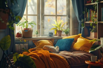 Sticker - Comfortable window seat with cushions, blankets, and plants, bathed in soft light