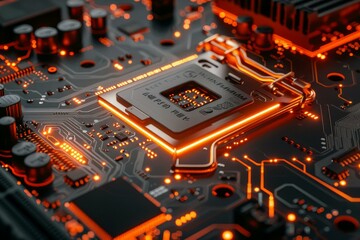 Poster - Highly detailed image showcasing a cpu with orange neon light circuits on a motherboard