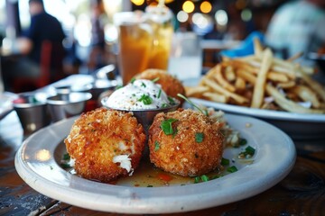 Sticker - Closeup of delicious crab cakes served with dip and fries on a plate, with beverages in the background